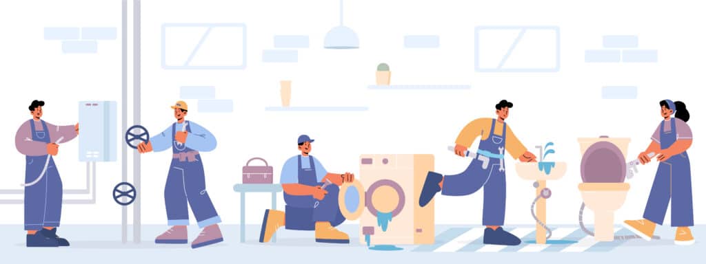 برنامج محاسبي لمحلات مواد السباكة والبناء 1 Plumbers team repair toilet, sink in bathroom